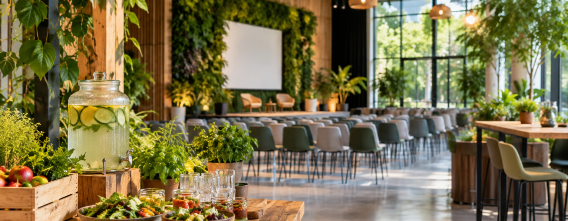 Duurzame evenementenlocatie met veel groen, natuurlijke materialen, zakelijke opstelling en duurzame catering.