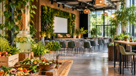 Duurzame evenementenlocatie met veel groen, natuurlijke materialen, zakelijke opstelling en duurzame catering.