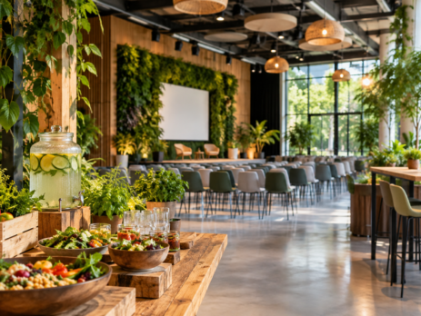 Duurzame evenementenlocatie met veel groen, natuurlijke materialen, zakelijke opstelling en duurzame catering.
