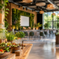 Duurzame evenementenlocatie met veel groen, natuurlijke materialen, zakelijke opstelling en duurzame catering.