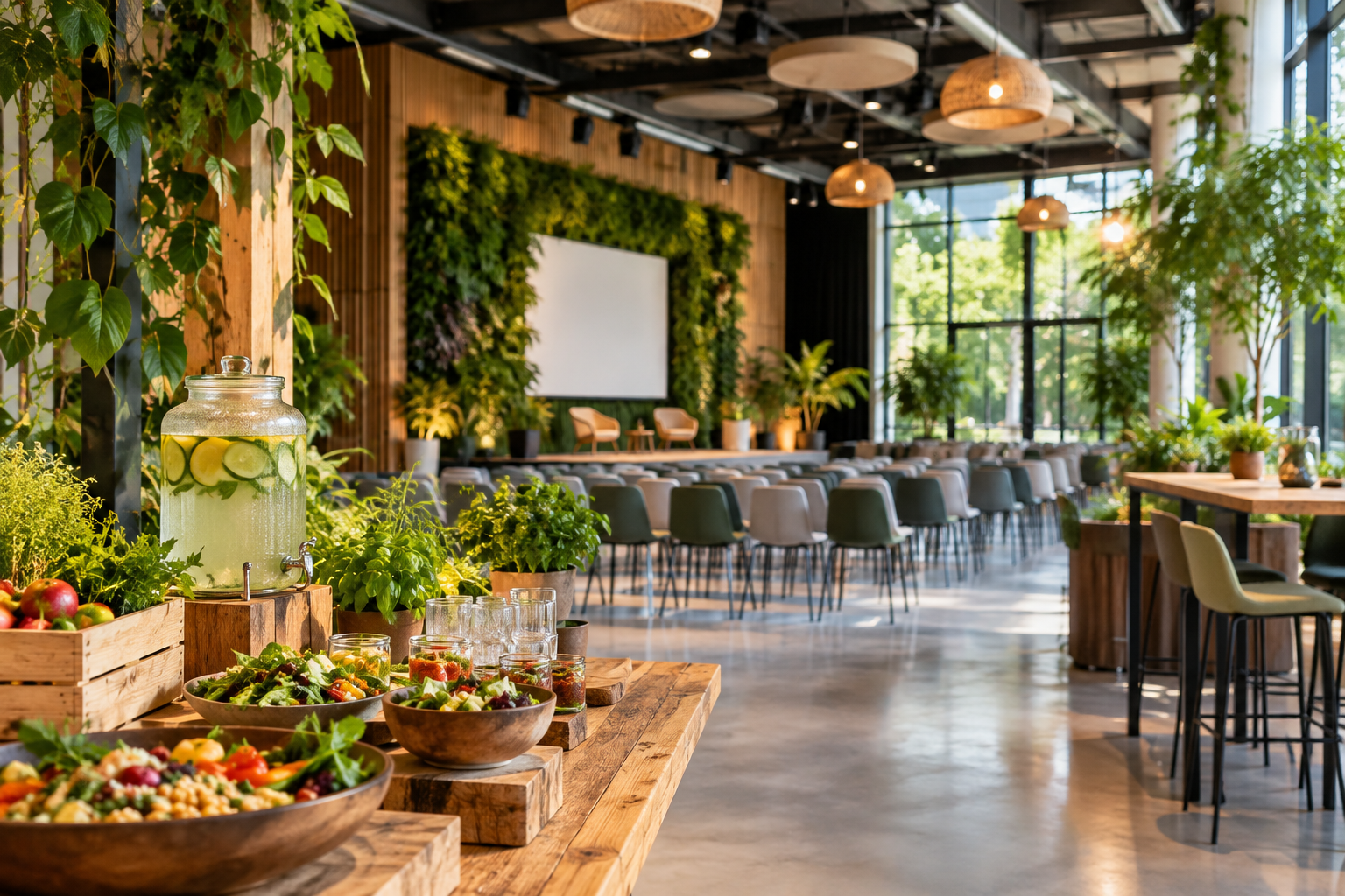 Duurzame evenementenlocatie met veel groen, natuurlijke materialen, zakelijke opstelling en duurzame catering.